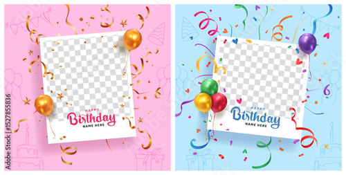 happy birthday wishes social media post template design using confetti balloons and realistic polaroid photo frame