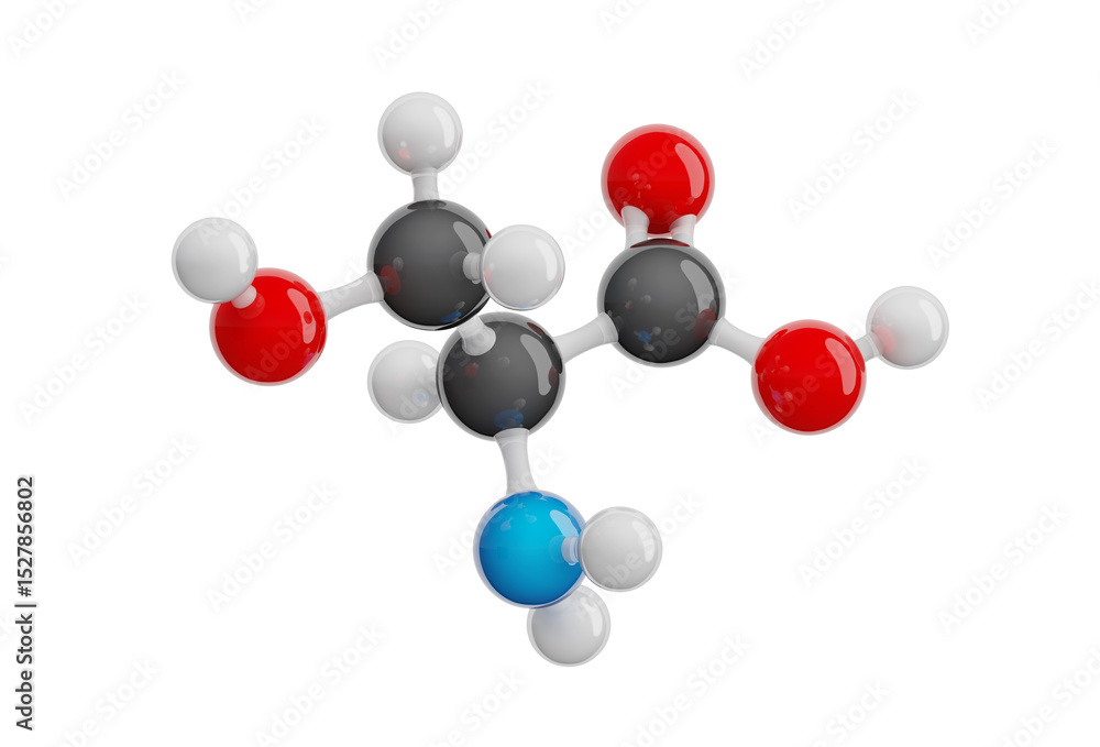 Serine (Ser) molecule isolated on transparent background. Non-essential amino acid. Molecular formula: C3H7NO3. Chemical model: Ball and stick. 3D illustration. Serine (Ser) molecule isolated on transparent background. Non-essential amino acid. Molecular formula: C3H7NO3. Chemical model: Ball and stick. 3D illustration.