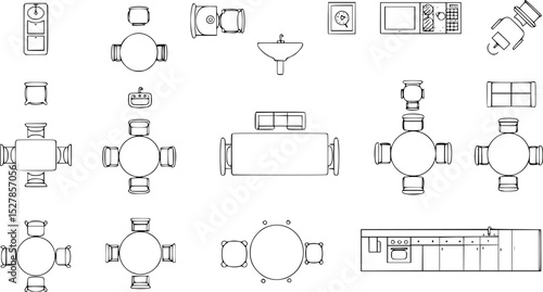 Top view of set furniture elements outline symbol for dining room, office, cafe, kitchen and living room. Interior icon chair, sink, table and sofa.
