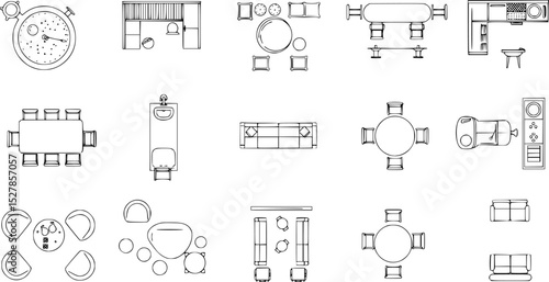 Top view of set furniture elements outline symbol for dining room, office, cafe, kitchen and living room. Interior icon chair, sink, table and sofa.
