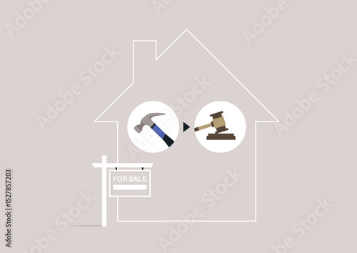 A simple line drawing depicts a house with a 'for sale' sign, The house shows a transition from renovation symbolized by a hammer, to selling and auction, illustrated with a gavel
