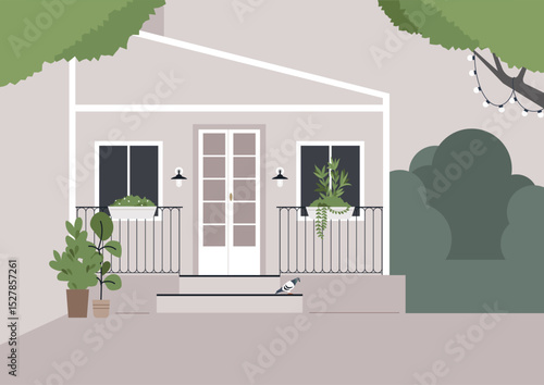 A quaint porch adorns a pastel home, where potted plants thrive, A pigeon rests on the steps leading to the doors, while string lights glow softly in the background.