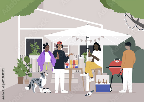 Friends gather on a Porch for a barbecue, One tends the grill, while others chat and drink beers, A dog watches attentively, and a pigeon observes the scene from below, hoping for a dropped morsel
