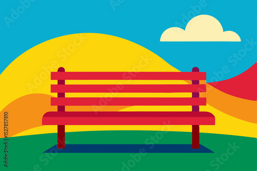 Serene Sunset A Red Bench in a Colorful Landscape Illustration