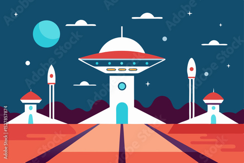 Futuristic Spaceport A Retro-Styled Illustration of a Martian Landing Site