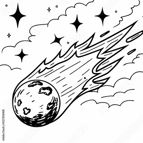Meteor or fire ball .Burning comet on background of night sky