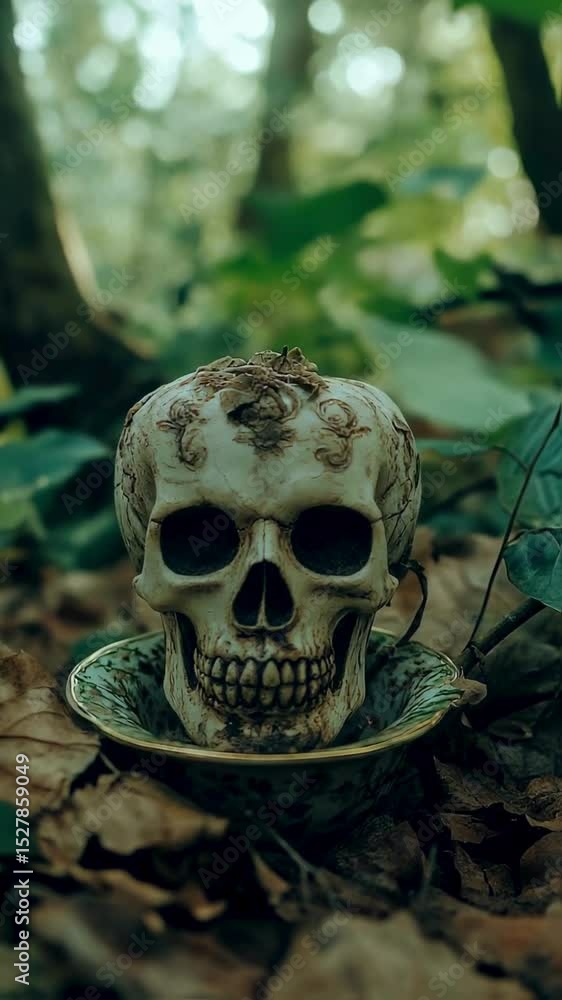 Ornate Skull Resting in a Teacup Amidst Autumn Leaves in a Forest Ornate Skull Resting in a Teacup Amidst Autumn Leaves in a Forest