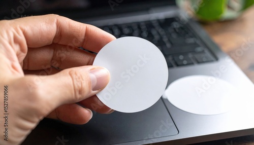 Hand Holding Blank White Circle Sticker On Laptop
