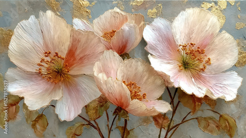 Luxury white and light pink flower with golden leaves on beautiful abstract decorativ background, abstract oil painting as wallpaper illustration, Deco Flower Design	