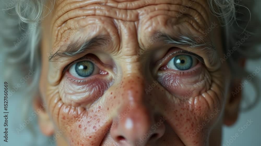 Elderly woman with expressive eyes and wrinkles staring directly at camera Elderly woman with expressive eyes and wrinkles staring directly at camera