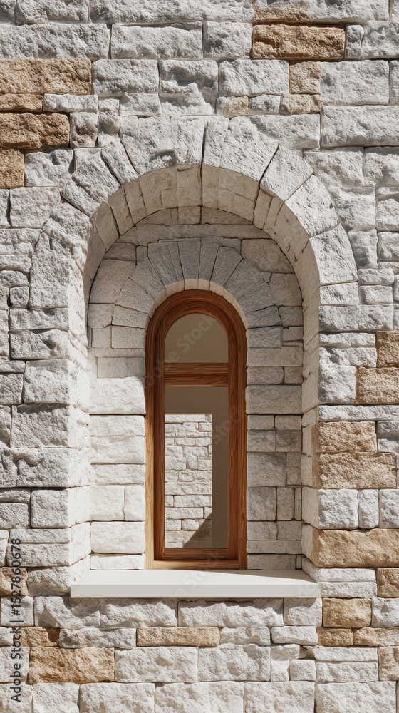 Fototapeta premium a white stone wall with an arched wooden window