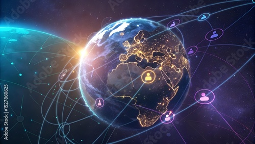 Mesmerizing Radiant Digital Globe with Ethereal Icons in Vibrant Futuristic Tech Harmony