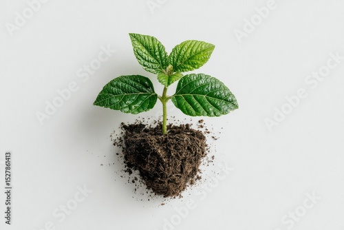 Young green plant seedling with roots and soil on a white studio background