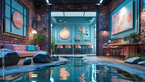 Modern spa interior with water feature and relaxation area, tranquil environment and peaceful ambiance.