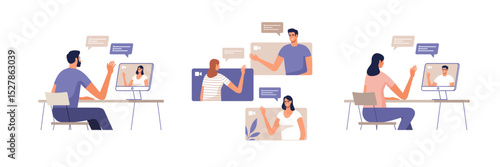Young people communicate online using desktop computers or mobile devices. Concept of video call conference, remote working from home or online meeting. Vector illustration.