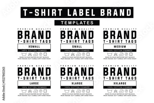 T-Shirt Label Template Set. Editable Garment Tags with Care Symbols and Size Options for Apparel Branding
