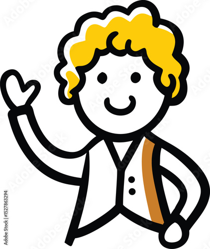 A cheerful boy with curly blond hair waves hello, dressed in a waistcoat
