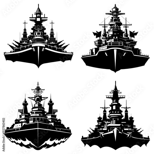 Four silhouette illustrations of battleships with detailed superstructures and heavy armament shown