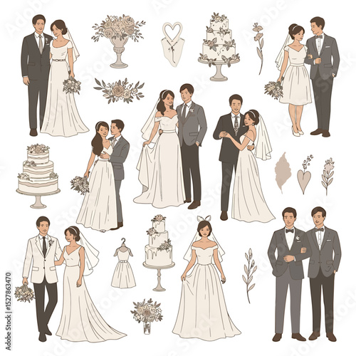 Elegant Wedding Illustration with Couples, Cakes, Flowers, and Dresses in Soft Tones