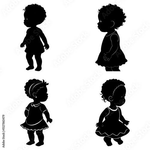 Silhouette illustrations of four african american baby girls in dresses with curly hair on a white background