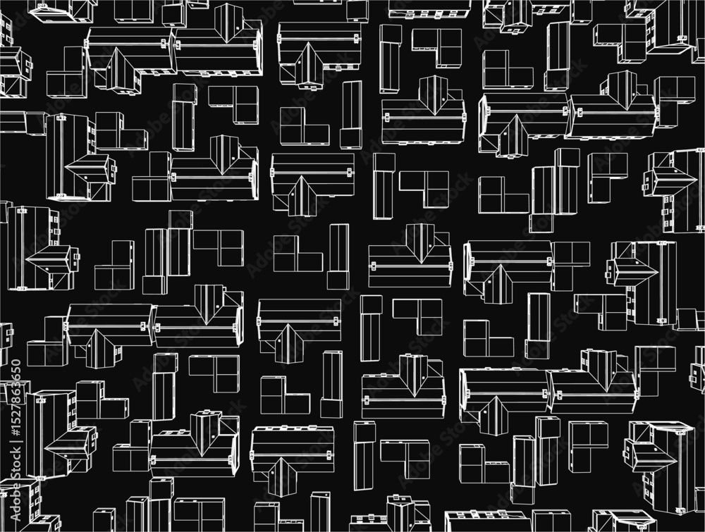 A black and white image of a cityscape with many different shapes and sizes of buildings. The image is abstract and has a modern feel to it A black and white image of a cityscape with many different shapes and sizes of buildings. The image is abstract and has a modern feel to it