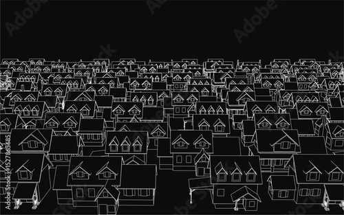 A black and white illustration of a cityscape with many houses. The illustration is in black and white and has a moody, almost eerie feel to it. The houses are all lined up in a row
