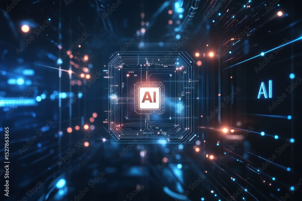 Obraz premium AI Processor Chip on Circuit Board: Future of Artificial Intelligence & Technology.