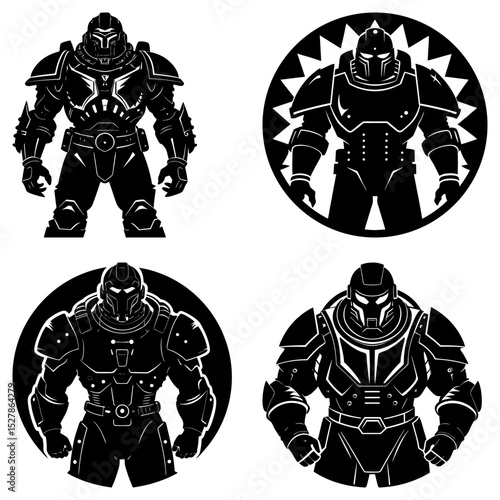 Four black and white illustrations of futuristic armored soldiers in various poses and circular frames