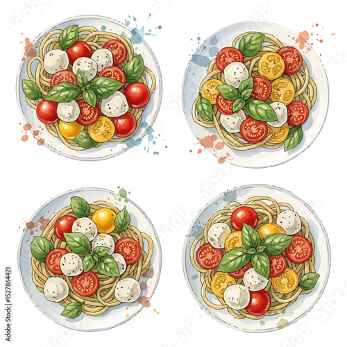 Four plates of Caprese pasta with vibrant tomatoes, mozzarella, and basil leaves