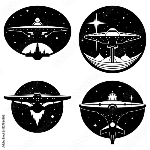 Collection of four black and white ufo designs in circular frames with stars and different landscapes