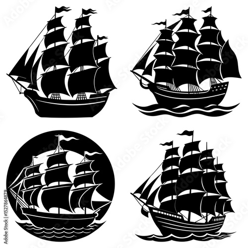 Four black silhouette sailing ships with multiple sails on wavy water against a white background