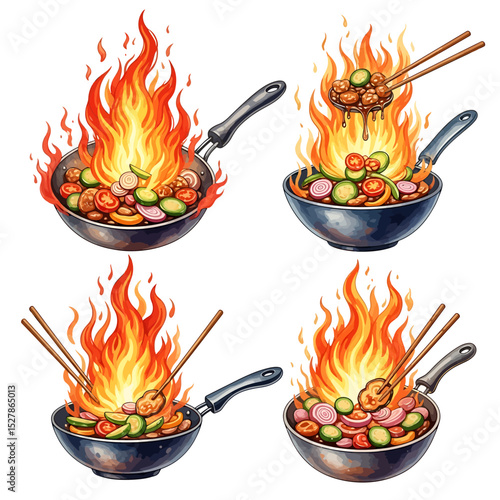 Fiery Wok Stir-Fry: Four Stages of Culinary Fire