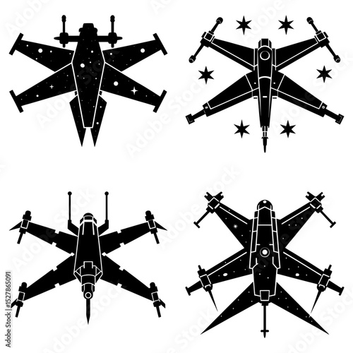Four starfighters in black and white with different designs and wing configurations displayed on a white background