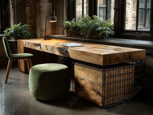 White Oak Desk with Moss Velvet Stool and Grid Frame