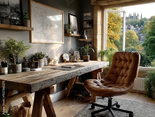 Recycled Concrete Desk with Leather Sling Chair
