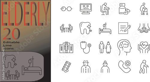 Elderly line editable icon set. Editable stroke. Vector illustration