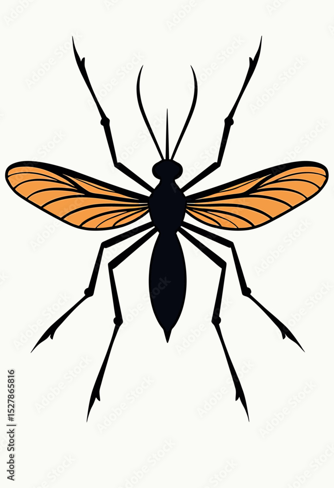 Fototapeta premium A stylized graphic illustration of a mosquito with a black body and detailed orange wings, ideal for entomology studies and nature-themed design projects. 