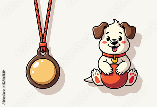 An adorable cartoon puppy wearing a collar with a gold tag, alongside a close-up of a blank pet ID medallion on a cord, ready for custom engraving.
