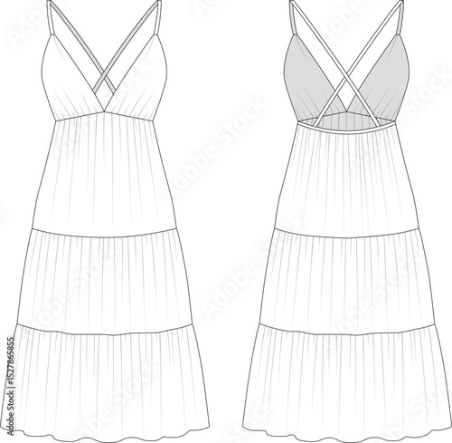 Editable technical fashion flats of a tiered maxi dress with plunge V-neckline, dual front panels, and spaghetti straps. Includes front and back views. For tech packs, fashion design.