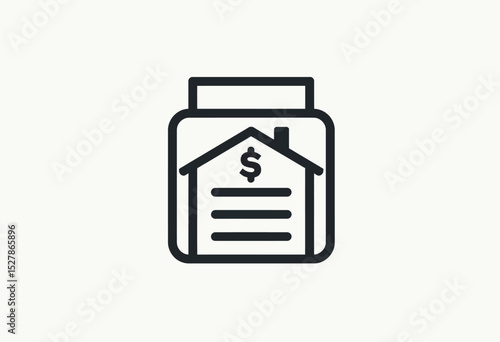 A minimalist line art icon showing a home and dollar sign within a document, representing mortgages, property taxes, and household finance management.

