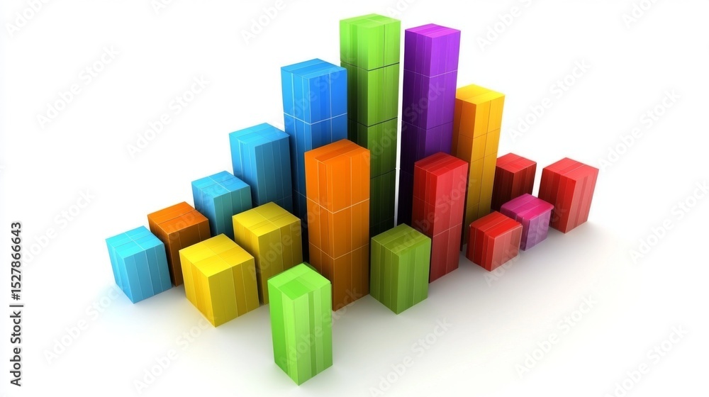 Abstract D bar graph with geometric shapes and bright colors, casting soft shadows on a white background, showcasing a dynamic representation of data. Abstract D bar graph with geometric shapes and bright colors, casting soft shadows on a white background, showcasing a dynamic representation of data.