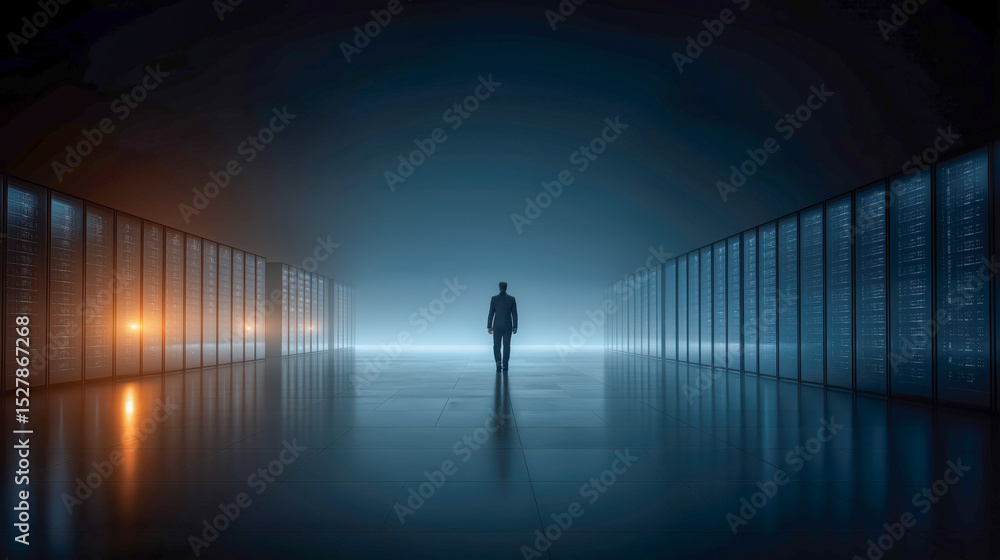 Tech startup founder walking through glowing blue-lit data center, minimalist outfit, futuristic atmosphere, quiet confidence in high-tech environment. Tech startup founder walking through glowing blue-lit data center, minimalist outfit, futuristic atmosphere, quiet confidence in high-tech environment.