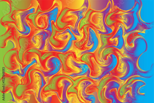 Abstract patterns with a mix of bright colors such as red, yellow, blue, and green. There are curved and wavy effects that create a dynamic impression