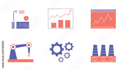 Illustration of factory automation icons including graphs, robot arm, and factory conveyor belt
