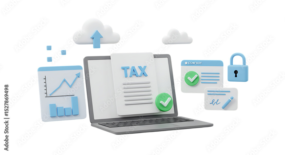 3d render of online tax filing system on laptop screen isolated on white background 3d render of online tax filing system on laptop screen isolated on white background