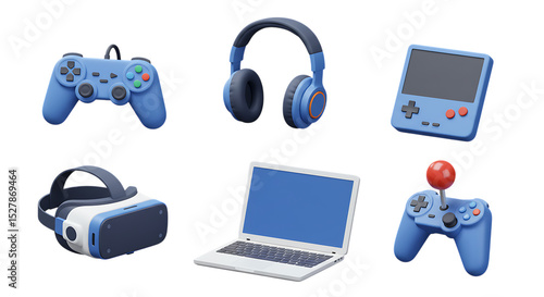 Collection of blue gaming gadgets isolated on white background