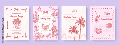 Creative set of 4 vertical cards with sample text and hand drawn design elements. Trendy templates for party, wedding, bachelorette, celebration, ads, banner, cover. Cowboy wild western concept