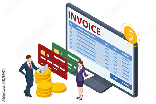 Isometric Modern vector illustration for e-billing, accounting, and online finance management. Digital financial transaction Smartphone with e-invoice, dollar sign, and coin stacks