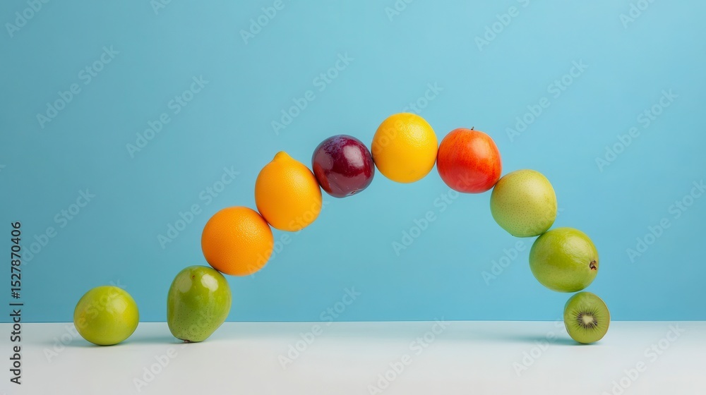 Fototapeta premium Colorful Arrangement of Fresh Fruits in Circular Formation on a Light Blue Background
