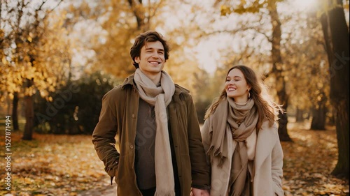 Young couple walks and smiles in a park with autumn leaves during a beautiful sunny day